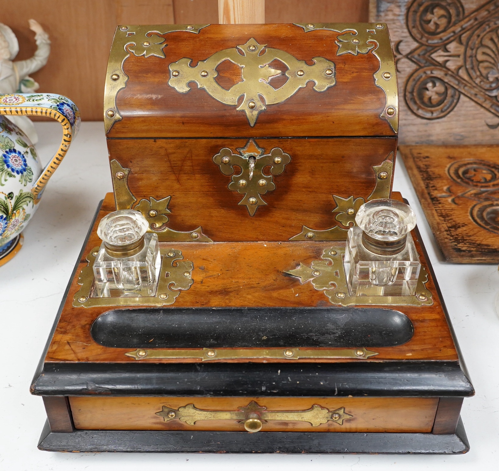 A 19th century brass mounted walnut desk stand, 27cm tall. Condition - fair